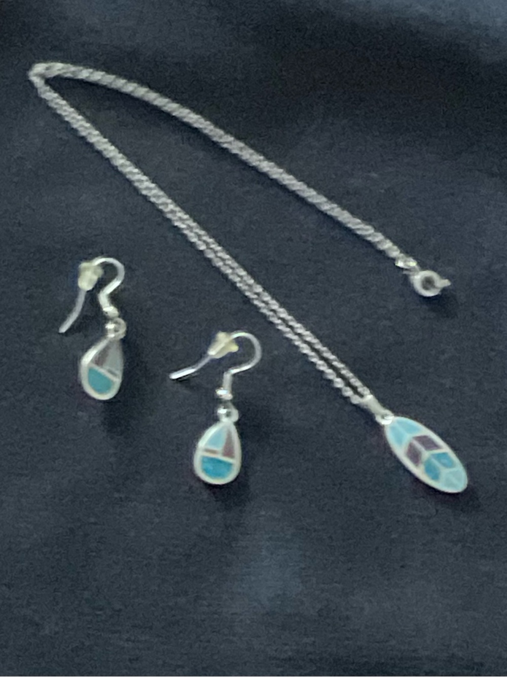 Sterling Silver Teardrop Inlay Necklace & Earring Set - Turquoise Blue